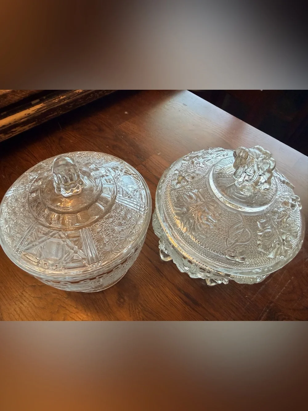 Set of 2 Vintage Pressed Glass Covered Candy Dishes - Clear Glass Jars
